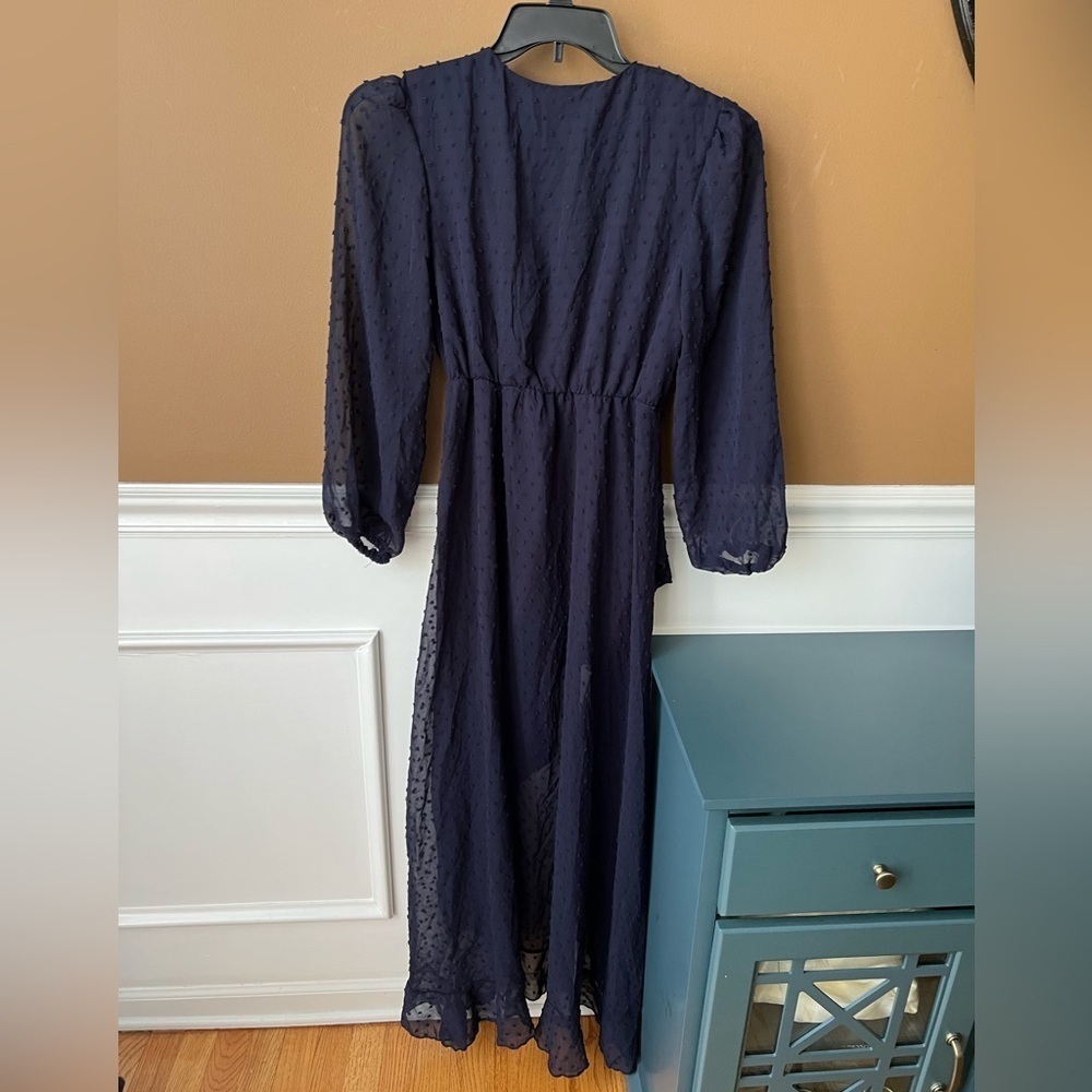 Elegant Navy Sheer Wrap Dress Size Large - Picture 3 of 5